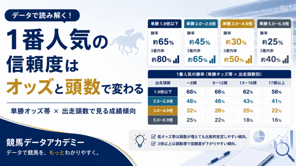 1番人気の信頼度を単勝オッズ帯と出走頭数別に整理した競馬データ解説のアイキャッチ画像